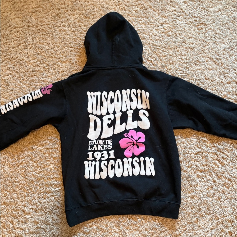 Black Kids Hoodie with Pink Floral Wisconsin Dells Graphic